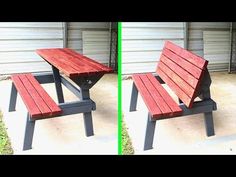 two different views of a picnic table and bench in front of garage doors, one showing the same color