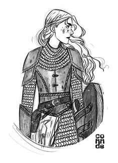 a black and white drawing of a woman in armor