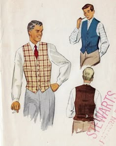 Men's Vest: Package contains pattern pieces and instructions to make a men's lined vest with 4 welt pockets, button front and adjustable belt in the back Pattern printed by McCalls in 1952, and is in factory folds. This is an original sewing pattern with all of the original pattern pieces and instructions. This is NOT a PDF or copy, and is NOT the actual garment. Size 40 Chest 40 For more vintage 1930s, 1940s and 1950s sewing patterns https://www.etsy.com/shop/CloesCloset?section_id=18788229 1955 Mens Fashion, Mens Dress Vest Outfits, 1960s Outfits Men, Vintage Sewing Patterns Men, Mens 1930s Fashion, 1950s Aesthetic Men, Vest Men Outfit Casual, 1950s Suit Mens, 1950s Male Fashion