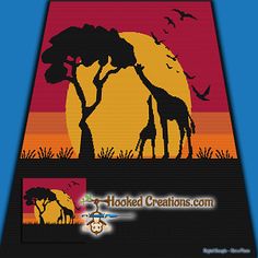 two giraffes are silhouetted against the setting sun in this cross stitch pattern