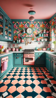 a kitchen with blue cabinets, pink and green wallpaper and flooring that has hexagonal tiles on it