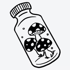 a bottle filled with mushrooms on top of a white background