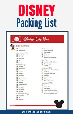 the disney packing list is shown in red, white and blue with mickey mouse on it