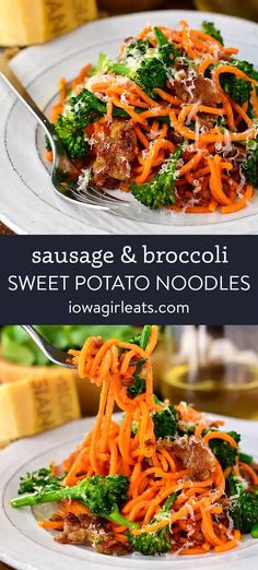 broccoli and sweet potato noodle salad on a white plate with a fork