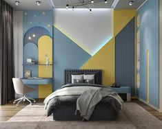 a bedroom decorated in blue, yellow and white with a bed that is up against the wall