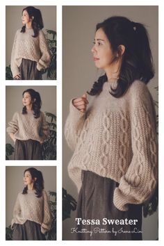 an image of a woman wearing a sweater in four different pictures, including the front and back