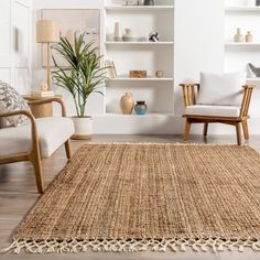 a living room with two chairs and a rug in front of the bookshelf