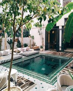 an outdoor swimming pool surrounded by furniture and plants