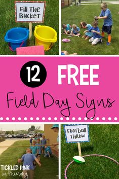 several pictures with the words free field day signs in front of them and some kids playing around