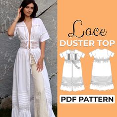 a woman in a white dress standing next to a stone wall with the words lace duster top on it