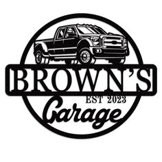 the logo for brown's garage, which is located in front of a truck