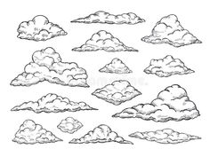 set of hand drawn clouds in different shapes and sizes, isolated from the ground to the sky