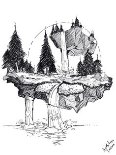 a pen drawing of a waterfall in the middle of a forest with trees on it