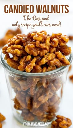 A clear jar, overflowing with candied walnuts. Candied Walnuts In Air Fryer, Candied Walnuts Easy Air Fryer, Candied Walnuts Easy Oven, Recipes Using Whole Almonds, Candy Walnuts Recipe Easy, Candied Walnuts Easy, Walnuts Candied, Candied Walnuts Recipe, Candied Walnuts For Salad