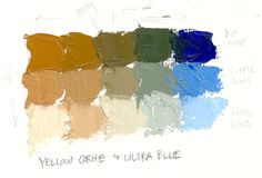 an image of paint samples with the words yellow one and ultra blue written on them