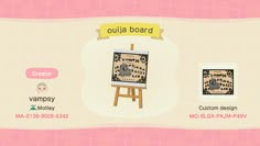 an animal crossing game screen with the name quilla board on it's left side