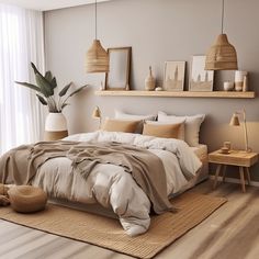 a large bed sitting in a bedroom on top of a wooden floor next to a window