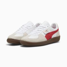 Palermo Leather Sneakers, PUMA White-Vapor Gray-Club Red, extralarge Terrace Fashion, Puma Shoes Mens, Puma Palermo, Club Red, White Puma, Sneakers Puma, Puma Suede, Low Boots, Converse Sneakers