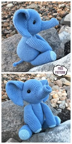 a blue crocheted stuffed elephant sitting on top of a rock next to some rocks