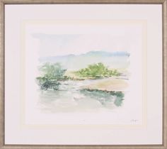 a watercolor painting with trees and mountains in the background, framed on white paper