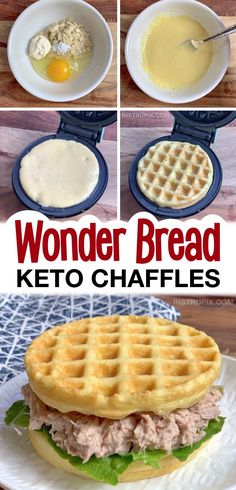 four pictures showing how to make a wonder bread keto waffle sandwich with eggs and cheese