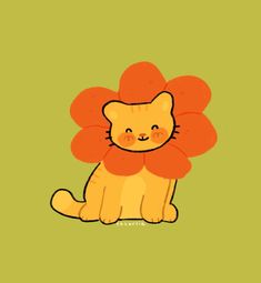 an orange cat with a flower on it's head sitting in front of a green background