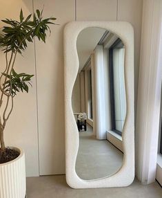 a large white mirror sitting next to a potted plant