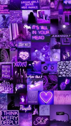 a collage of purple images with the words it's all in your head