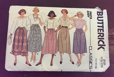 three women's skirts are shown on a piece of paper with the words butterick