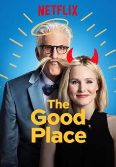 the good place season 2 poster with an older man and woman in front of a blue background