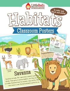 the book cover for habitats classroom posters with pictures of animals and other things on it