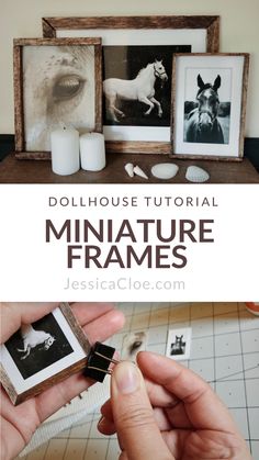 a person holding a miniature frame with pictures on it and the words dollhouse tutorial miniature