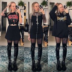 Thigh High Boots Outfit Alternative, Mosh Pit Outfit Ideas, Punk Alternative Fashion, Alternative Gig Outfit, Good Things Festival Outfit, Girly Alt Aesthetic, Punk Pop Concert Outfit, Limp Bizkit Concert Outfit Ideas, Metal Concert Outfit Plus Size