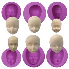 six plastic mannequin heads with different shapes and sizes, each wearing a purple hat