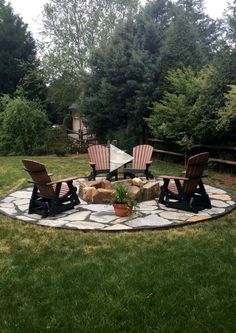 a stone patio with chairs around it