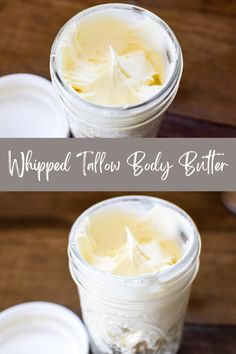 two jars filled with whipped cream on top of a wooden table