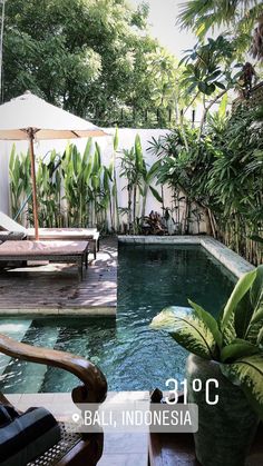 an outdoor swimming pool surrounded by greenery and umbrellas with the words bali, indonesia on it