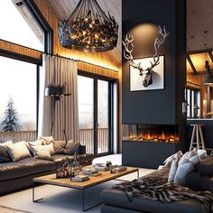 a living room filled with furniture and a fire place in the middle of it's walls