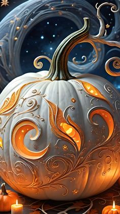 a white pumpkin with gold swirls on it and candles in front of the moon