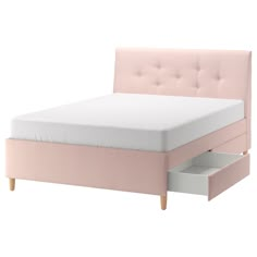 a pink bed with two drawers on each side and a white mattress in the middle