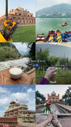 the collage shows different views of some buildings and flowers in front of water with boats on it