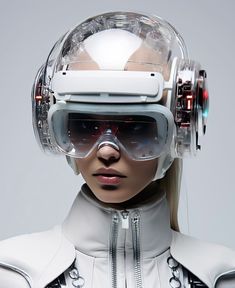 a woman wearing futuristic gadgets and goggles