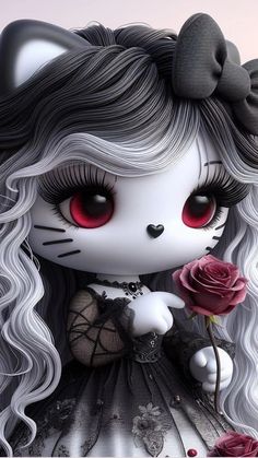 a doll with long white hair and red eyes holding a pink rose in her hand