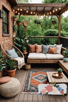 a porch with lots of plants and furniture on the wooden floor, surrounded by potted plants