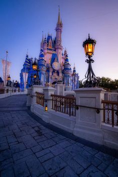 the castle is lit up at night in front of it's lights and walkway