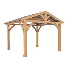 a wooden gazebo is shown with the roof open and it's shinning