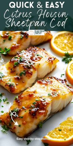 grilled fish with oranges and parsley on the side, text overlay reads quick & easy citrus flossin sherpan cold