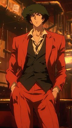 an anime character in a red suit and black shirt