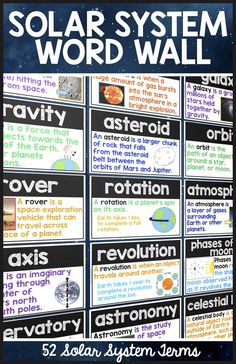 the solar system word wall is shown in black and white, with text below it