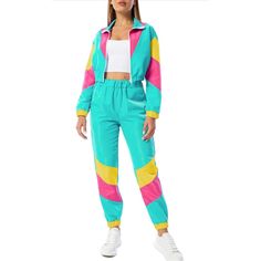 New 80’s Color Block Windbreaker 2 Pc Tracksuit Set M 100% Polyester Care Instructions Hand Wash Only Origin Imported Country Of Origin China Lightweight, Non Stretch, No Lining. Two Piece Suit, Colorblock, Long Sleeved, Elastic Waistband, Side Pockets, Full Zip, Corp Top, Cropped Jacket & Pants Set, Regular Fit. Perfect For 80’s/90’s Themed Party, Event, Night Out, Photoshoot, Outing, Travel, Evening, Halloween, Christmas, New Year, Outdoor, Casual. Bright Neon Colors, Perfect For Spring, Fall Bodycon Jumpsuit Clubwear, 90s Party Outfit, Windbreaker Outfit, Hoodie Jumpsuit, Tracksuit Outfit, Elastic Waistband Pants, 80s Outfit, Bodycon Jumpsuit, 90s Outfit